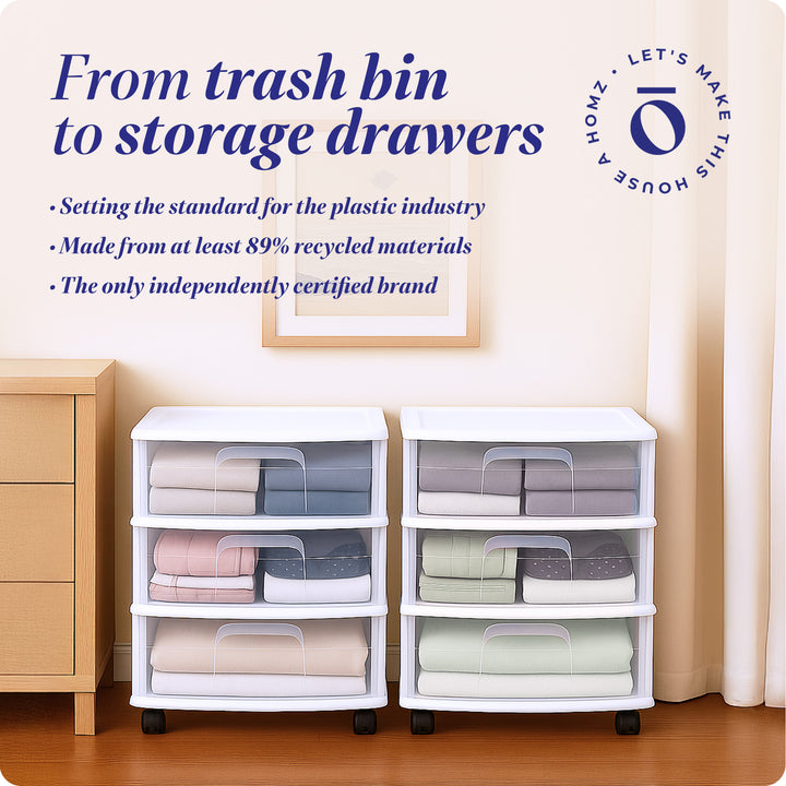 Homz Plastic 3 Clear Drawer Small Rolling Storage Container Tower, White, 2 Pack