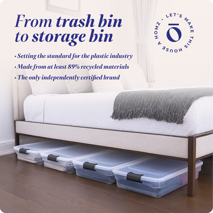 HOMZ 60 Qt Latching Lid & Easy Grip Underbed Storage Container, Clear (4 Pack)