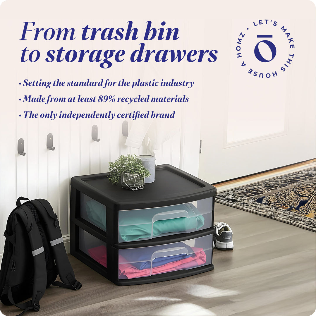 Homz Plastic 2 Drawer Medium Storage Cart, Black Frame with Clear Drawer, 2 Pack