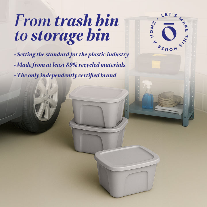 Homz 10 Gallon Heavy Duty Plastic Storage Container, Titanium Silver (8 Pack)