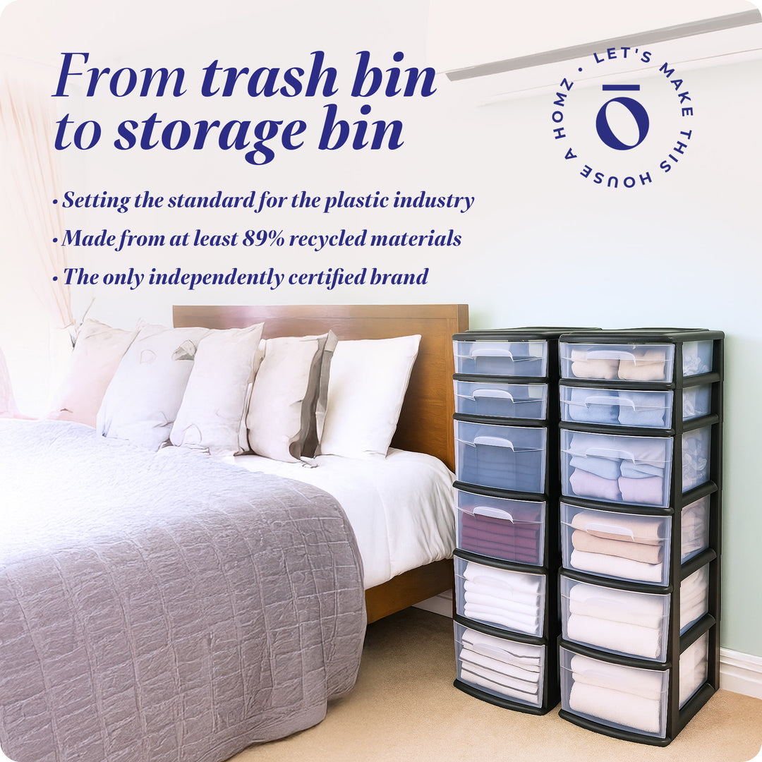 Homz Plastic 6 Clear Drawer Home Storage Container Tower, Black/Clear (2 Pack)