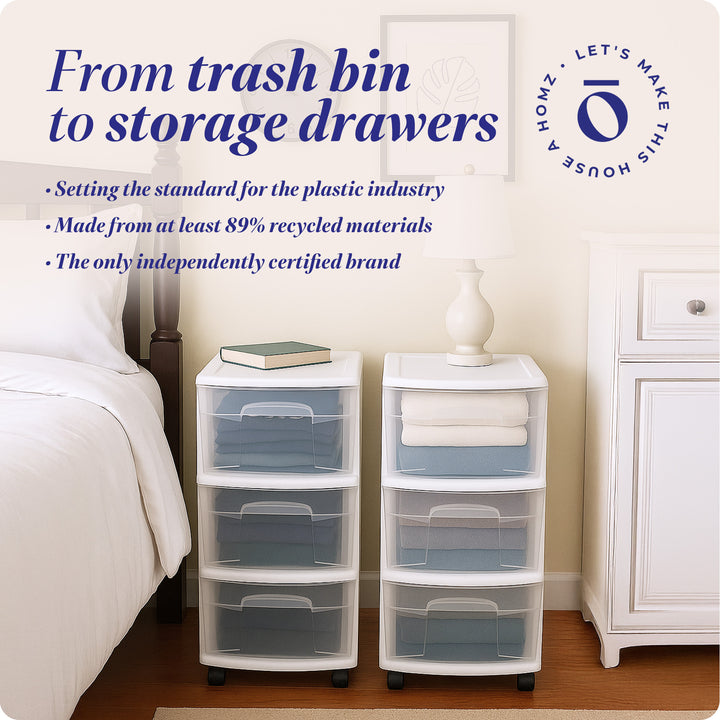 Homz Plastic 3 Drawer Medium Storage Tower, Clear Drawers/White Frame (2 Pack)