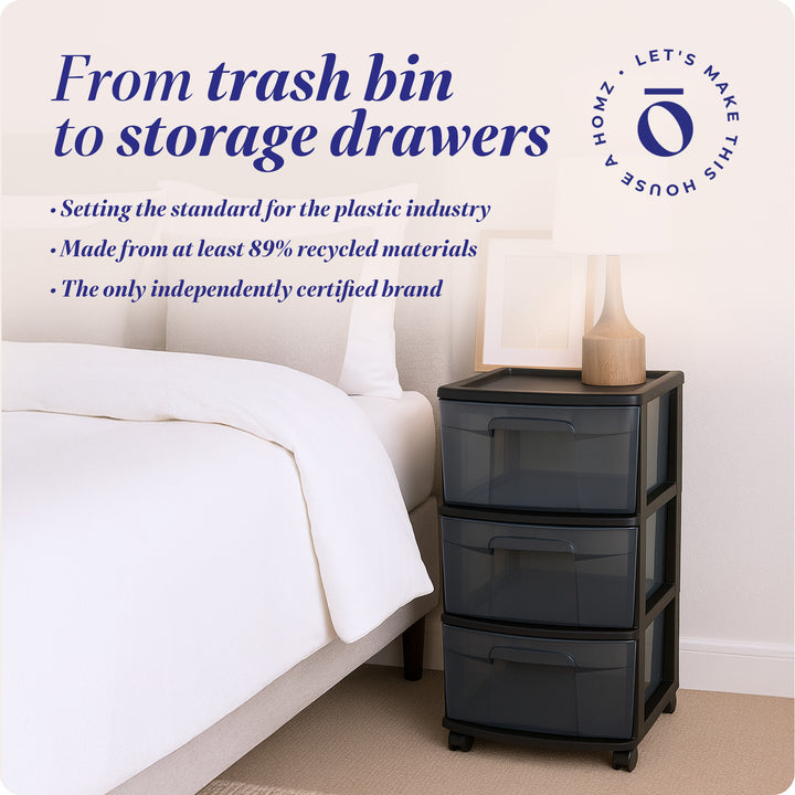 Homz 25" Black Tall Solid Plastic 3 Drawer Wheeled Home Storage Organizer Cart