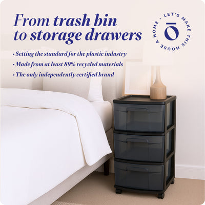 Homz 25" Black Tall Solid Plastic 3 Drawer Wheeled Home Storage Organizer Cart - VMInnovations