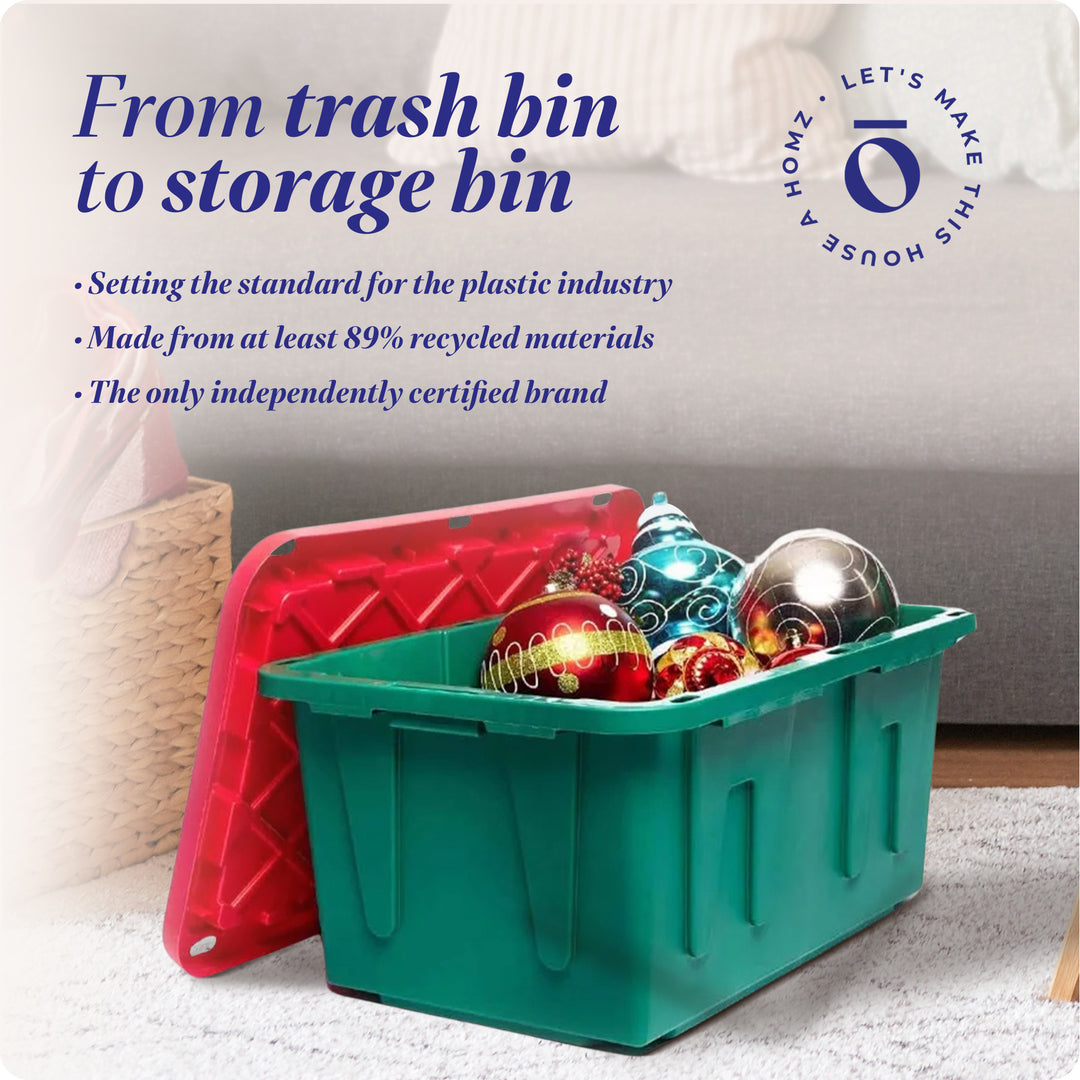 HOMZ Durable 27 Gallon Heavy Duty Holiday Storage Tote, Green/Red, (4 Pack)