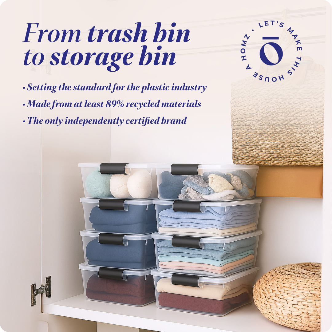 Homz 15.5 Qt Plastic Stackable Home Storage Container w/Lid, Gray Latch (8 Pack)