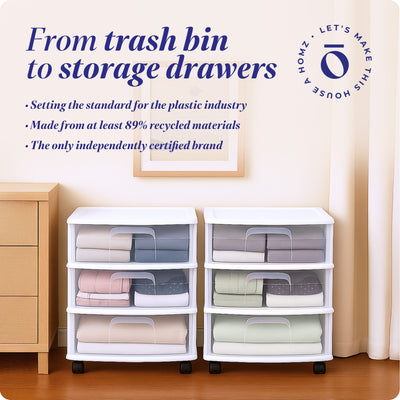 Homz Plastic 3 Clear Drawer Small Rolling Storage Container Tower, White, 2 Pack