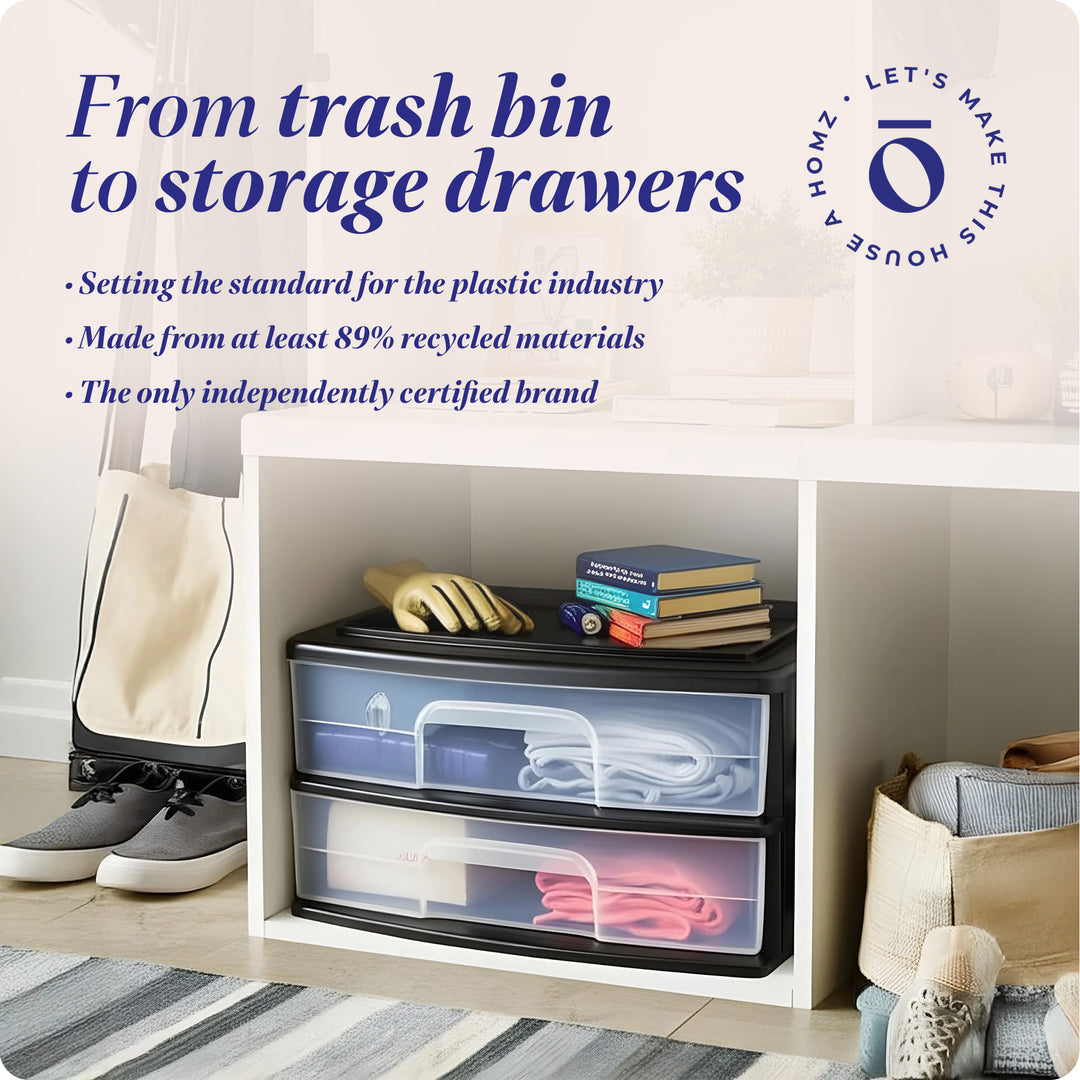 Homz Plastic 2 Drawer Wide Storage Cart, Black w/ Clear Drawer, 2pk (Open Box)