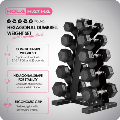 HolaHatha 5, 10, 15, 20 & 25 Pound Hexagonal Dumbbell Weight Set w/Rack, Black - VMInnovations
