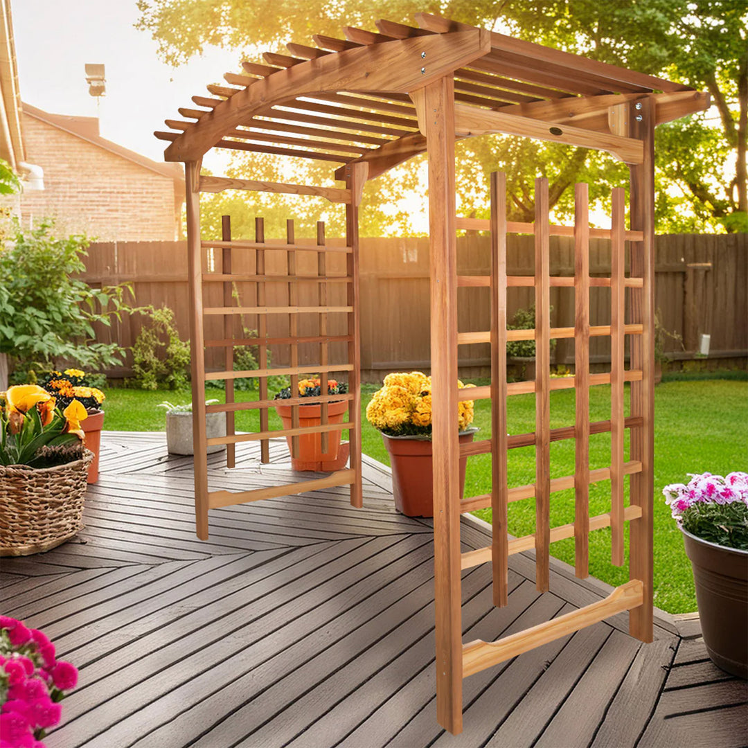 All Things Cedar 8-Foot Pagoda Arbor Garden Arch Trellis for Climbing Plants - VMInnovations