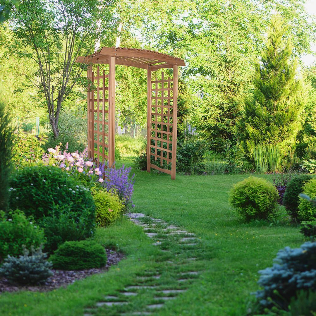 All Things Cedar 8-Foot Pagoda Arbor Garden Arch Trellis for Climbing Plants - VMInnovations