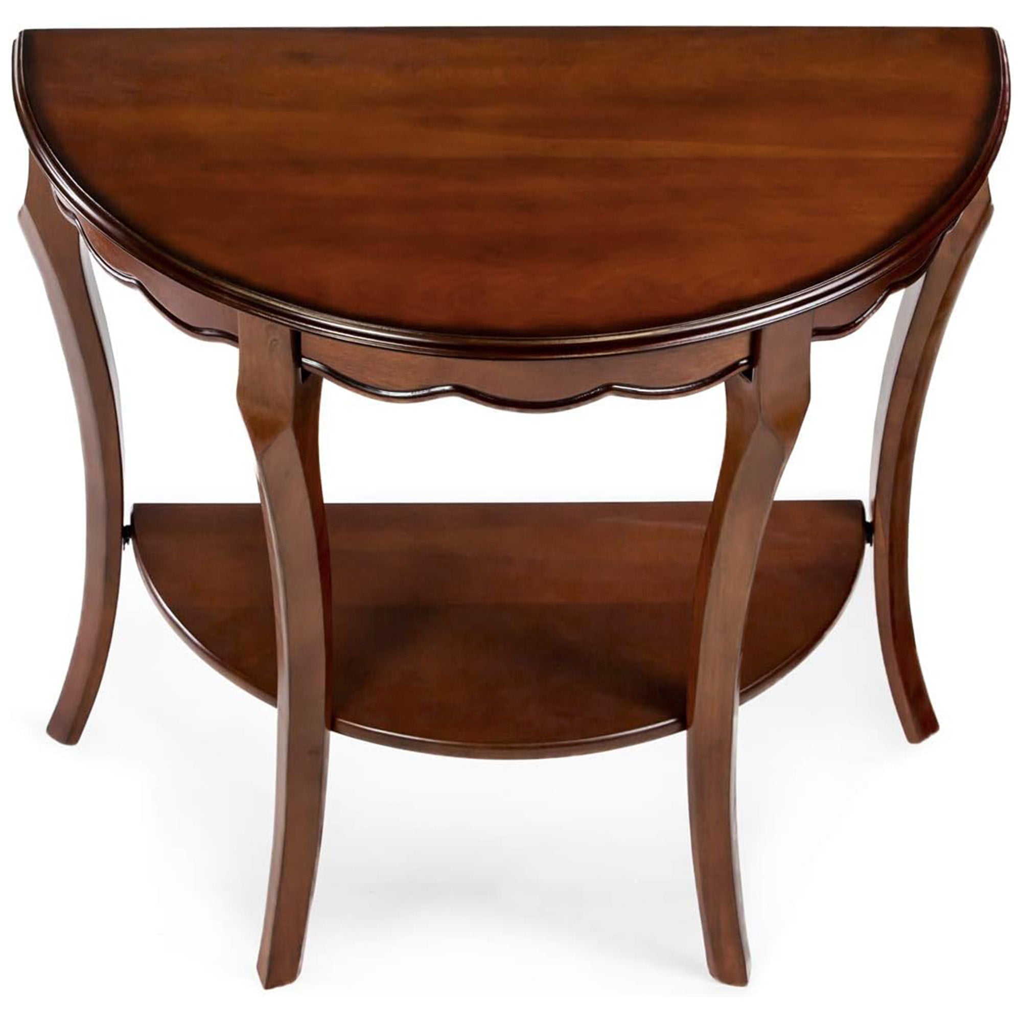 All Things Cedar Wood Half Moon Accent Console Table with Storage Shelf, Cherry - VMInnovations