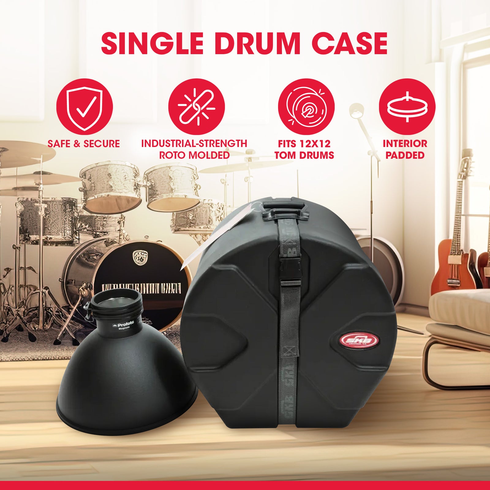 SKB 12" x 12" Tom Case with Padded Interior and D-Shaped Drum Design, Black - VMInnovations