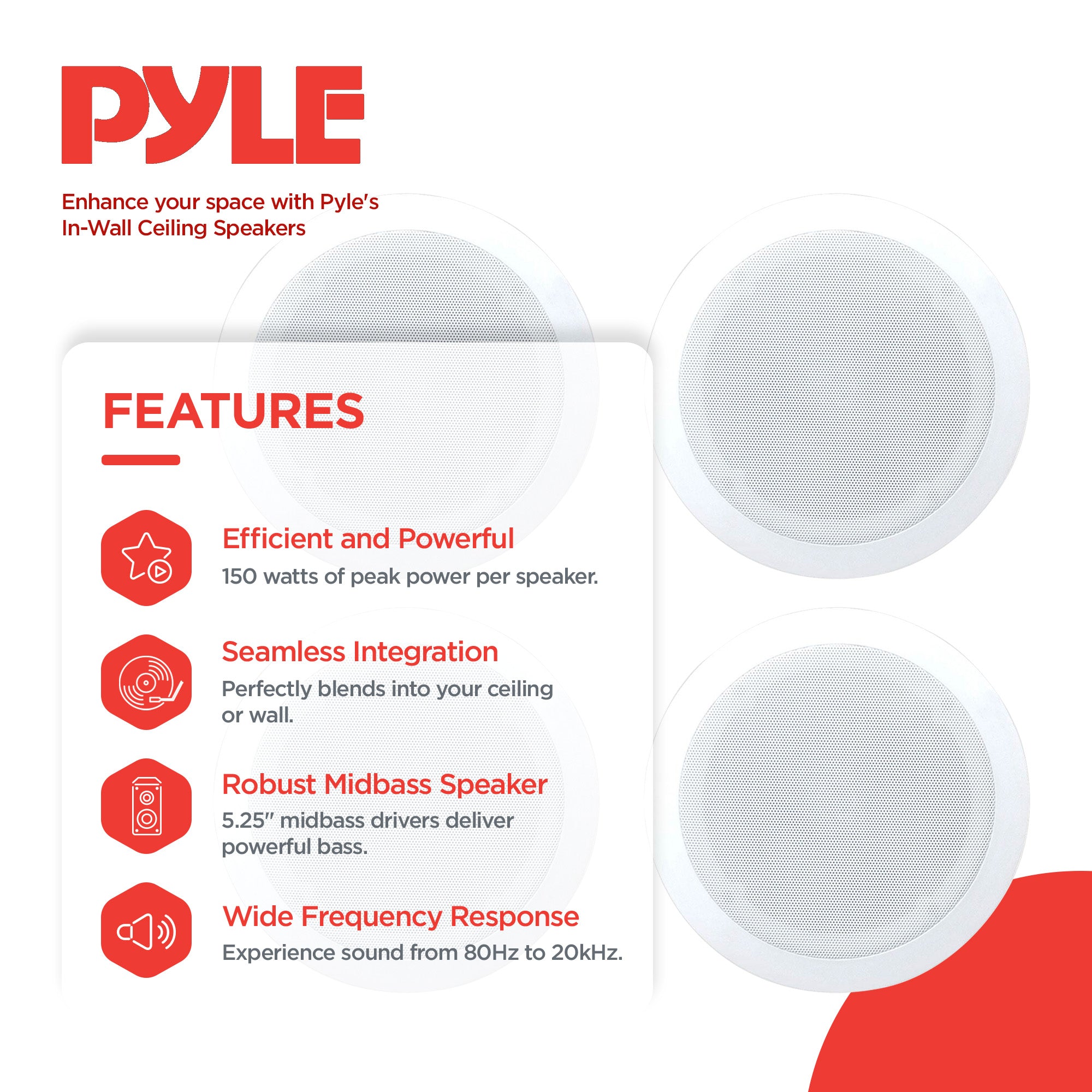 4) Pyle PDIC51RD 5.25 Inch 150W Round White In-Ceiling Wall Flush Speakers Four