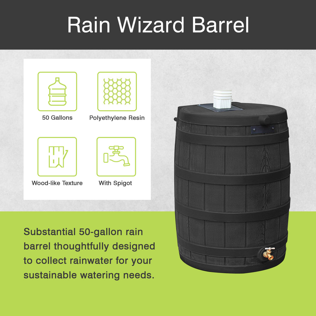 Good Ideas Rain Wizard 50 Gallon Plastic Rain Barrel, Black with 50' Soaker Hose