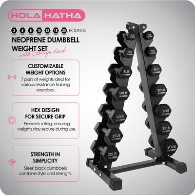 HolaHatha 146 Pound Neoprene Dumbbell Full Body Weight Set with Storage Rack - VMInnovations