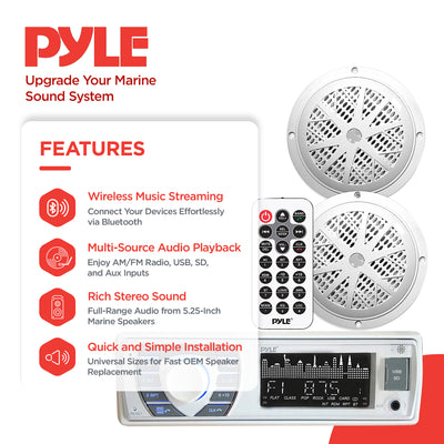 Pyle PLMRKT36WT 5.25 Inch Bluetooth Marine Stereo Receiver & Speaker Kit, White