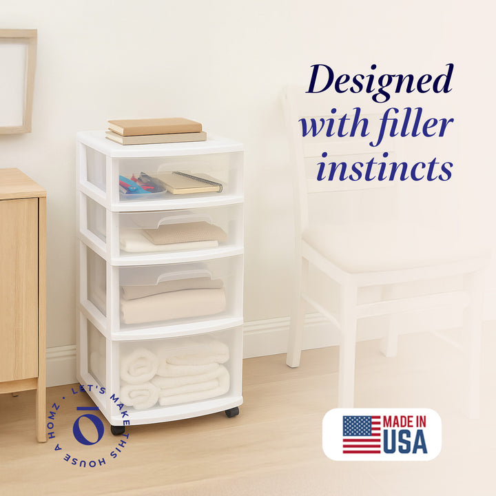 Homz Clear Plastic 4 Drawer Medium Home Storage Container Tower, White Frame