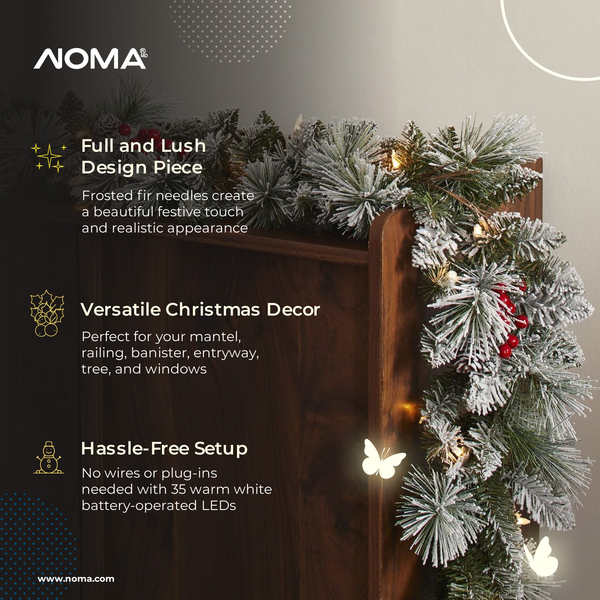 NOMA Snow Dusted Pre Lit Artificial Christmas Wreath with Berry Holiday Garland