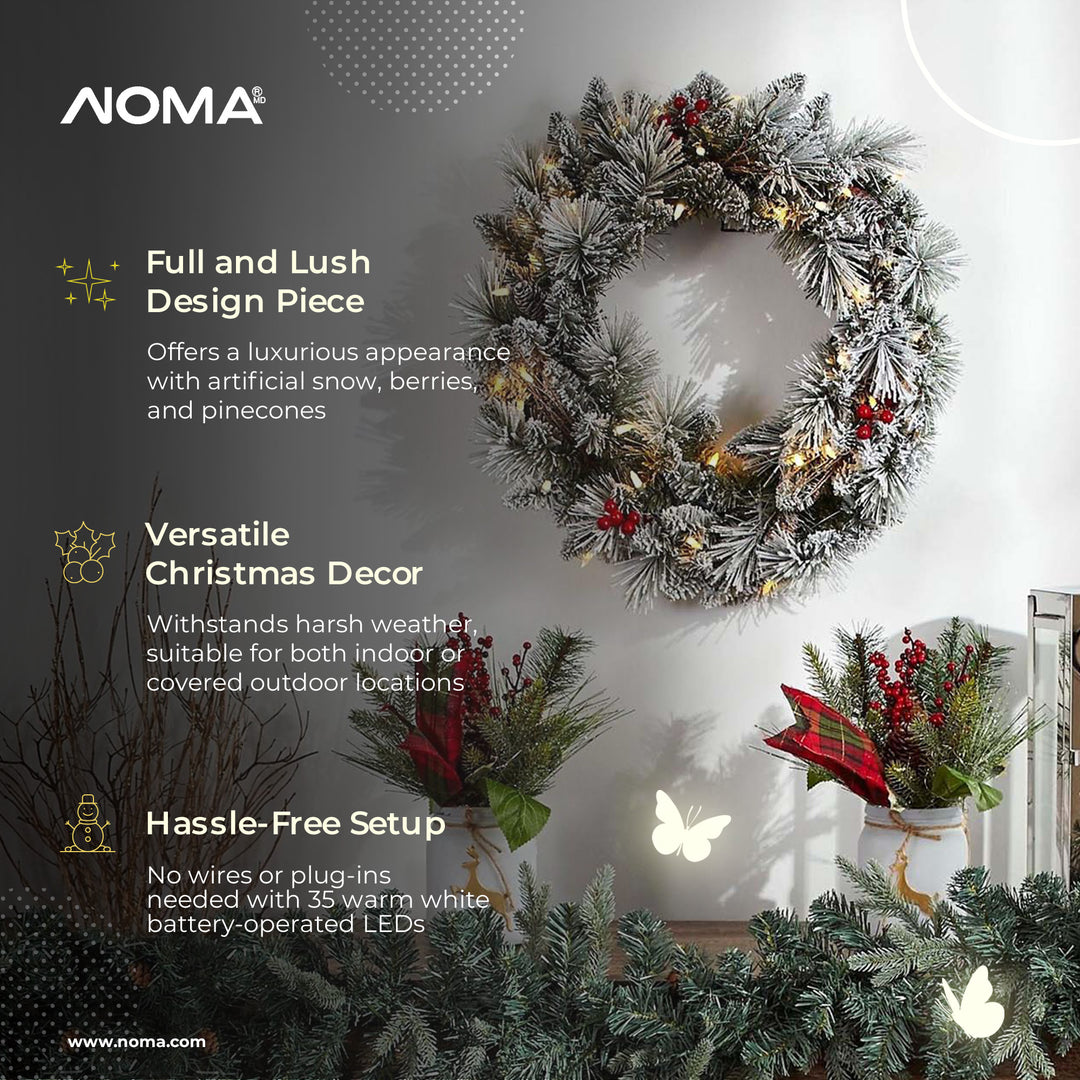 NOMA Snow Dusted 24" Pre-Lit Battery Operated Artificial Wreath (Open Box)