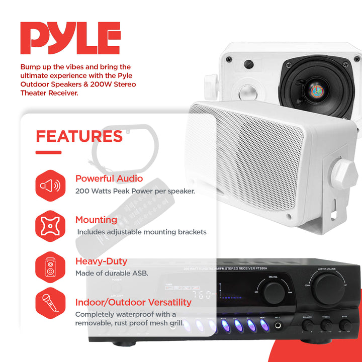 PYLE PLMR24 3.5" 200W Outdoor Speakers 4pk & PT260A 200W Stereo Theater Receiver - VMInnovations