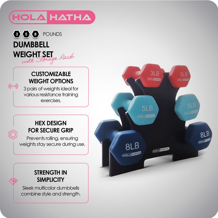 HolaHatha Dumbbell Weight Set w/ 3, 5 & 8 LB Hand Weights & Storage Rack (Used)