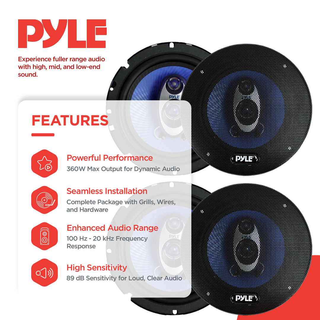 Pyle PL63BL 6.5" 720 Watt 3-Way Car Audio Coaxial Speakers Blue Stereo - VMInnovations
