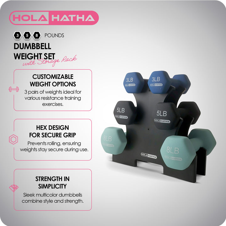 HolaHatha 3, 5, and 8 Pound Dumbbell Hand Weight Set with Storage Rack, Multi - VMInnovations