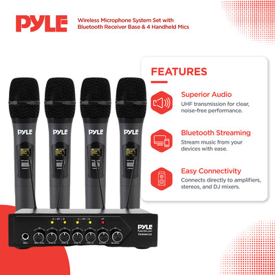 Pyle Wireless Microphone System Set Bluetooth Receiver Base & 4 Mics (Open Box)
