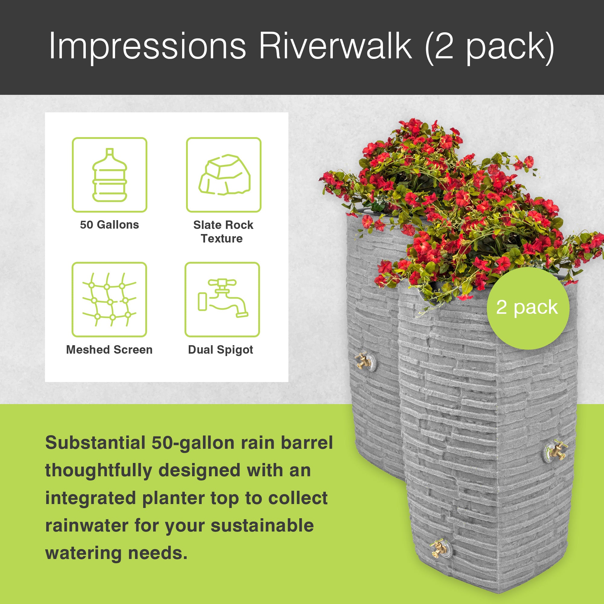Good Ideas Impressions Riverwalk 50 Gallon Rain Saver, Light Granite (2 Pack)