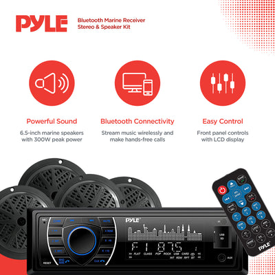 Pyle PLMRKT48BK 6.5 Inch Bluetooth Marine Receiver Stereo and Speaker Kit, Black