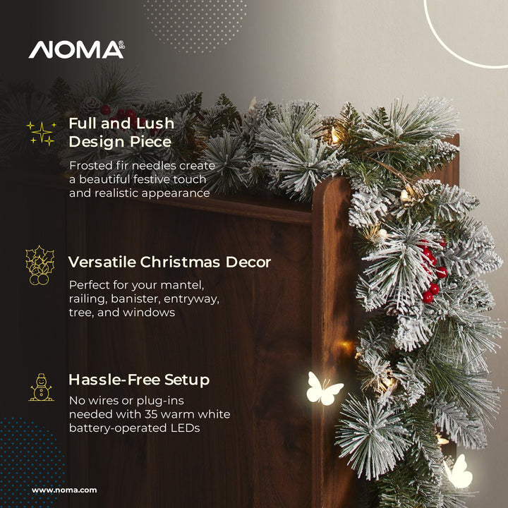 NOMA 9' Pre-Lit LED Flocked Berry Christmas Garland with 35 Warm White Lights - VMInnovations