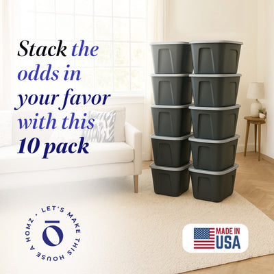 Homz 6610BKTS.10 10 Gallon Durable Molded Plastic Storage Bin w/ Lid (10 Pack)
