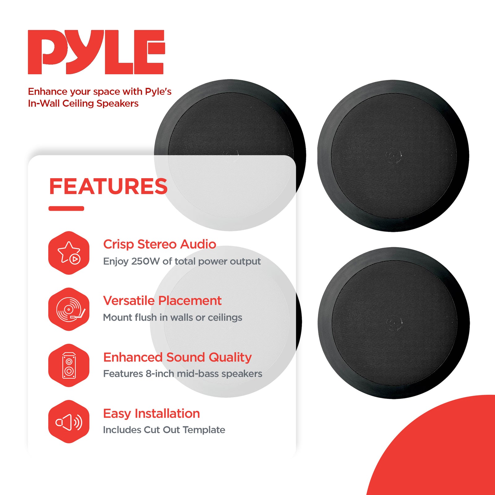 4) NEW Pyle PDIC81RDBK 250W 8 Inch Flush In-Wall In-Ceiling Black Speakers Four - VMInnovations