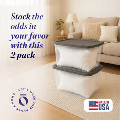 Homz 56 Qt Stackable Plastic Storage Container w/Snaplock Lid, Gray (2 Pack)