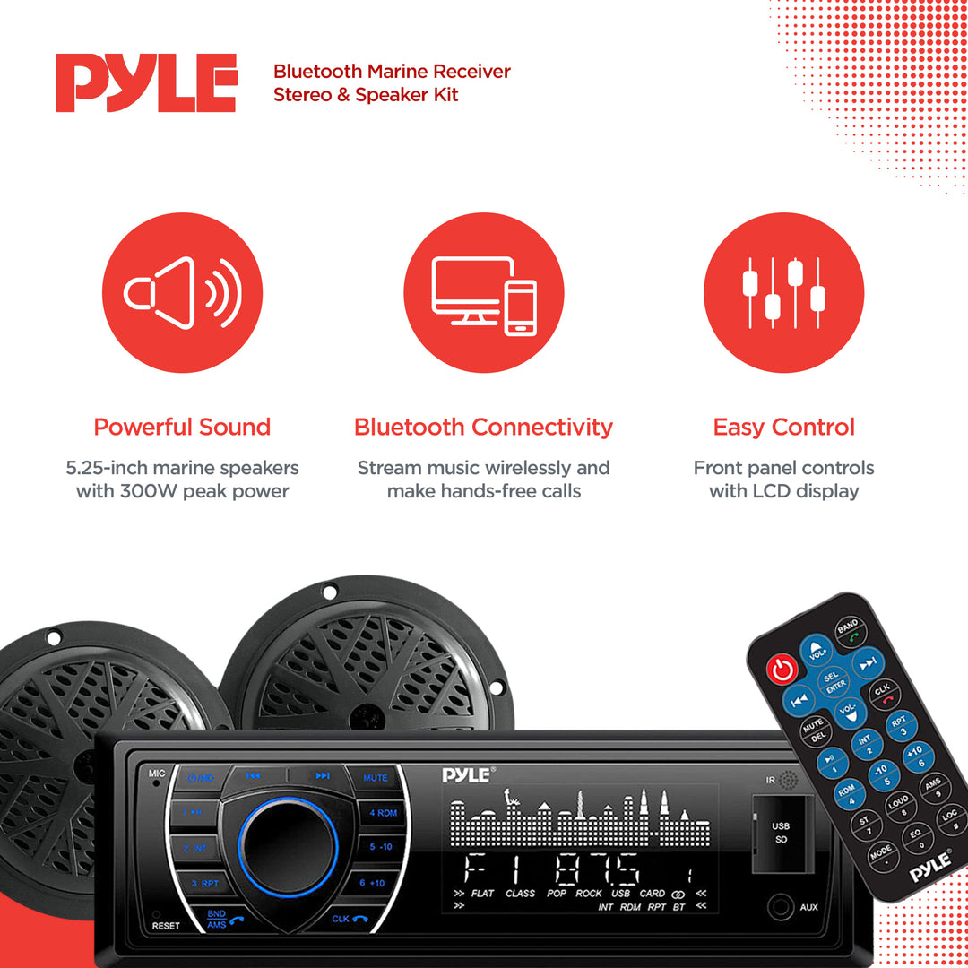 Pyle 5.25 Inch Bluetooth Marine Receiver Stereo & Speaker Kit, Black (Open Box)