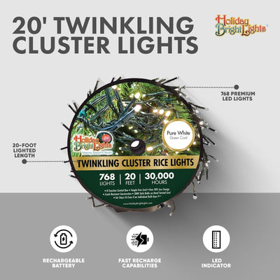 Holiday Bright Lights 20' Twinkling Cluster Indoor/Outdoor Lights, Pure White