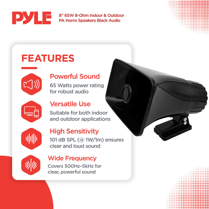 Pyle 8" Portable PA Horn Speaker for Indoor/Outdoor Use, 65W Peak Power, Black