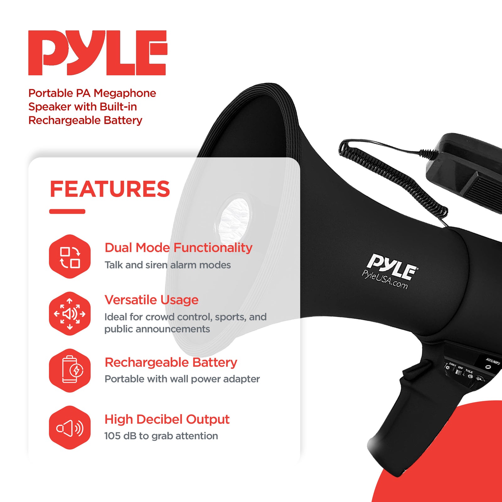 Pyle PA Megaphone Speaker with Built-in Rechargeable Battery, Black (Open Box) - VMInnovations