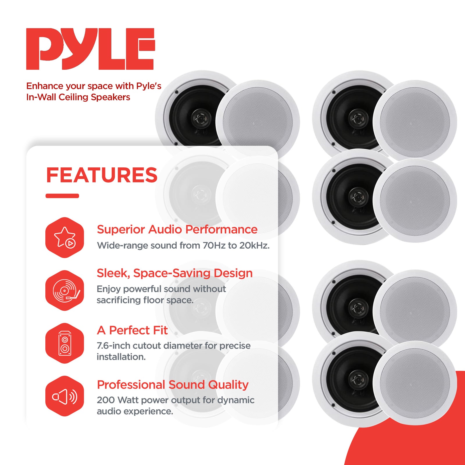 Pyle PDIC1661RD 6.5 Inch 200 Watt In Ceiling Wall 2 Way Speaker System (4 Pairs) - VMInnovations