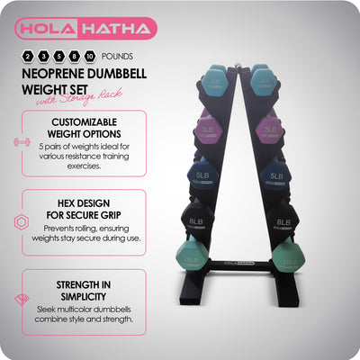 HolaHatha 2, 3, 5, 8, 10 Lb Neoprene Dumbbell Free Weight Set w/ Rack (Open Box) - VMInnovations