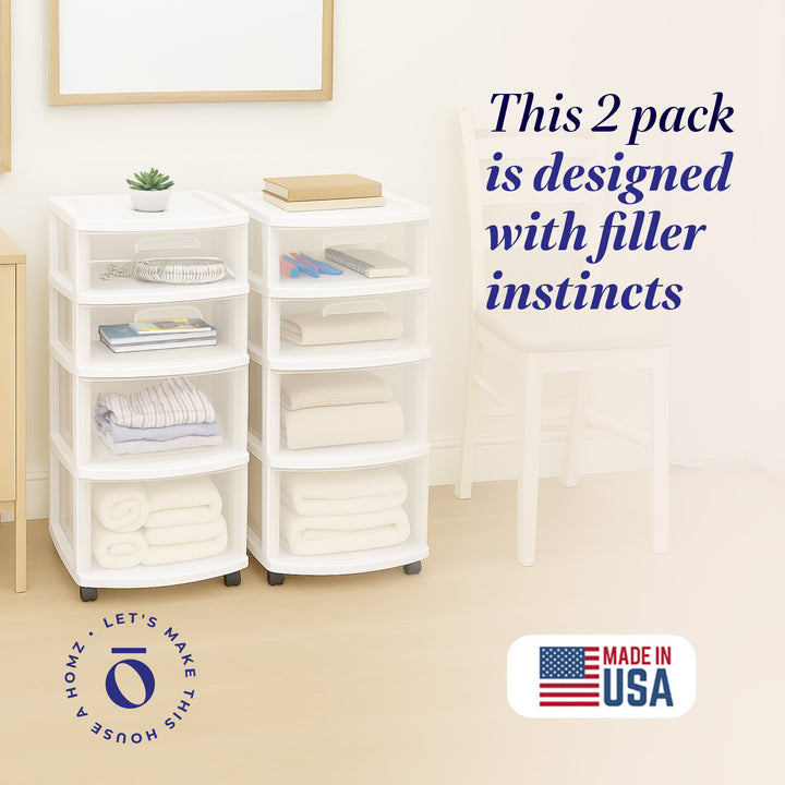Homz Clear Plastic 4 Drawer Medium Storage Container Tower, White Frame (2 Pack)