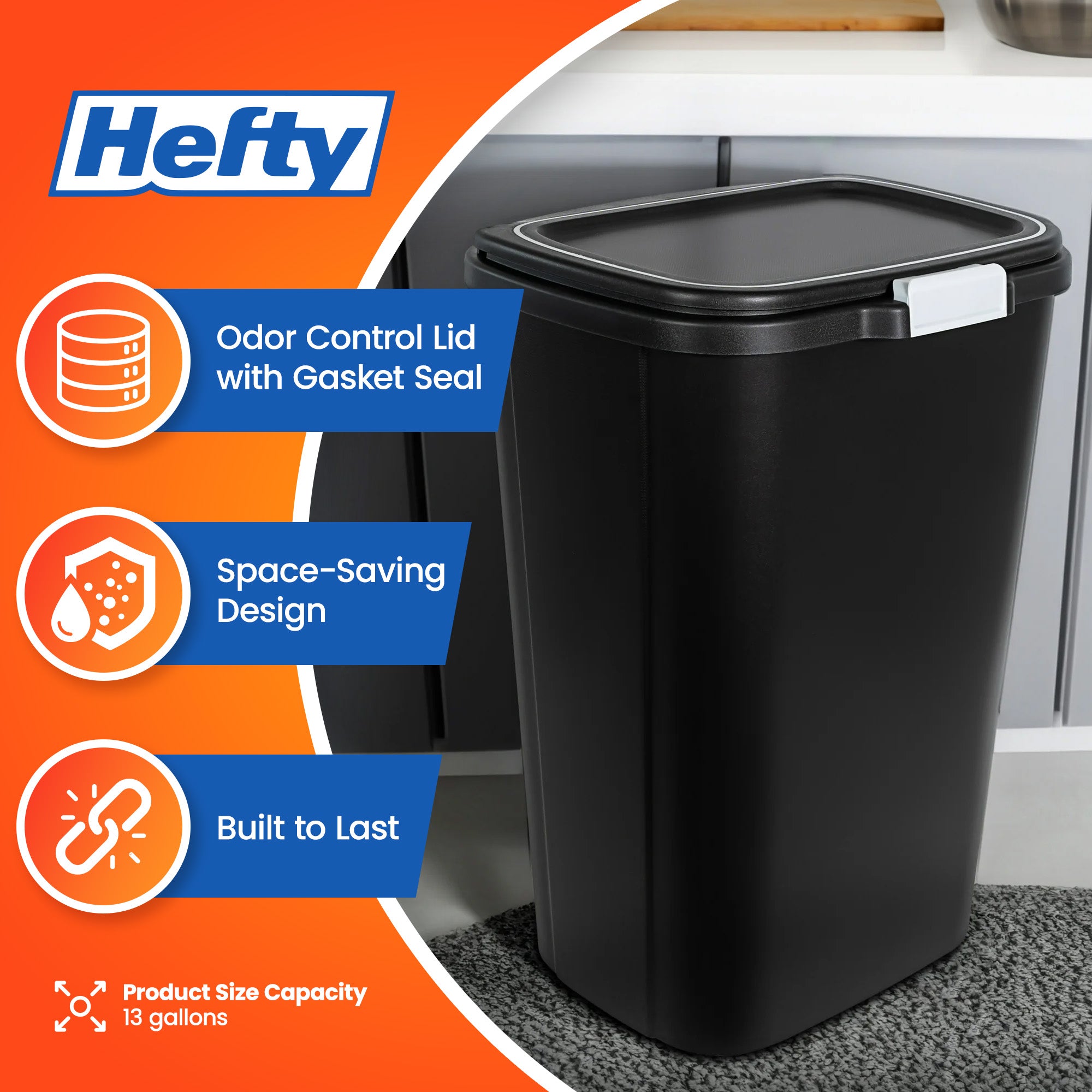 Hefty 13 Gallon Odor Block Touch Top Kitchen Durable Trash Can, 4 Pack, Black - VMInnovations