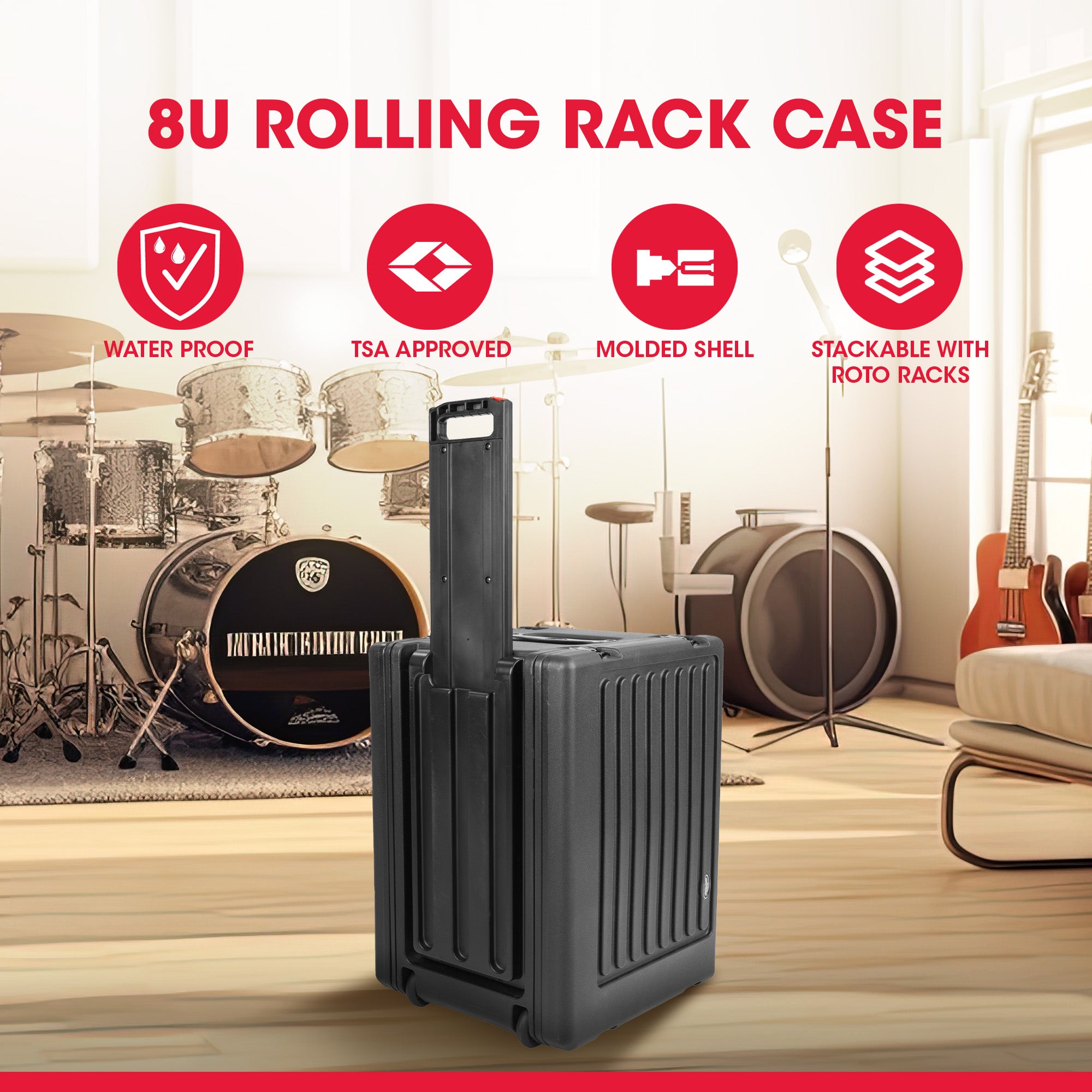 SKB 8U rSeries Shallow Rolling Rack with Integrated Back Wheels and Pull Handle - VMInnovations
