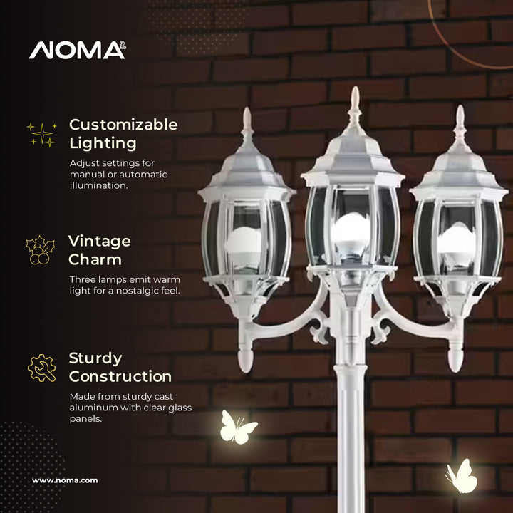 Noma Triple-Head Weather Resistant Lamp Post w/Real Glass, White (Open Box) - VMInnovations