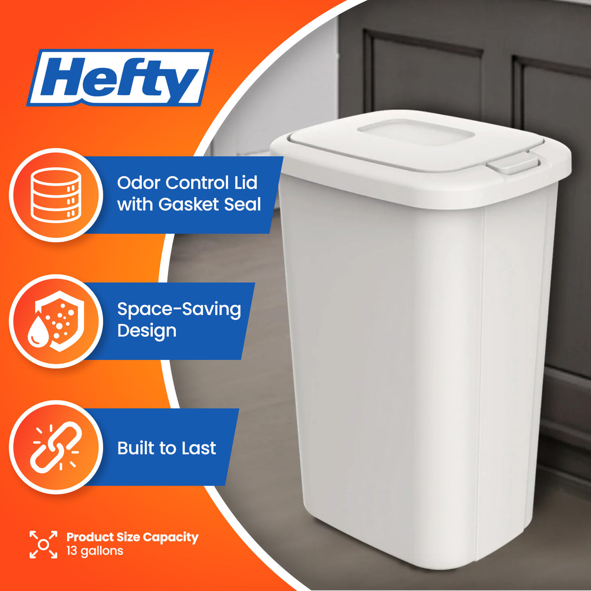 Hefty 13.3 Gallon Touch Top Trash Can with Spring Loaded Lid, 4 Pack, White