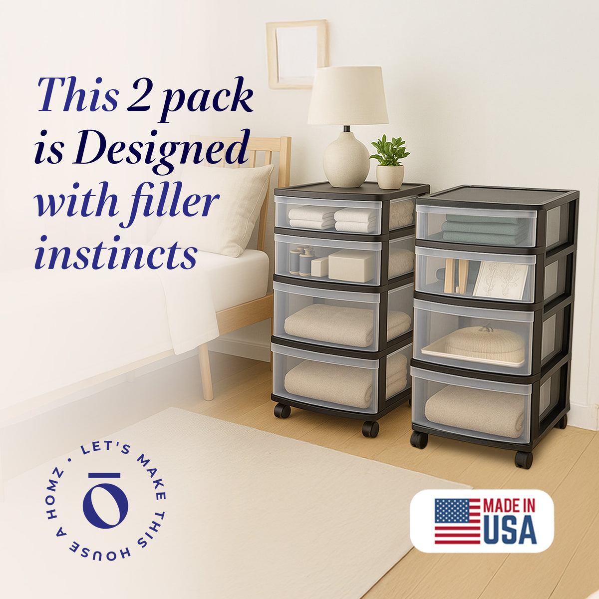 Homz Plastic 4 Drawer Medium Storage Tower, Clear Drawers & Black Frame (2 Pack)