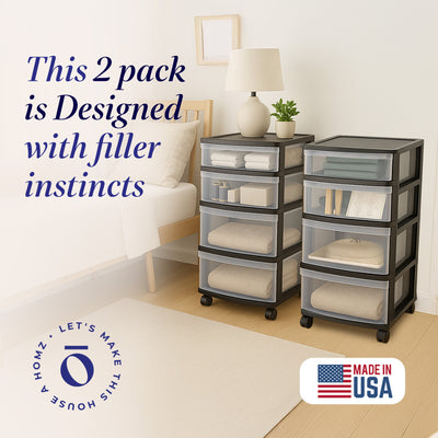 Homz Plastic 4 Drawer Medium Storage Tower, Clear Drawers & Black Frame (2 Pack)
