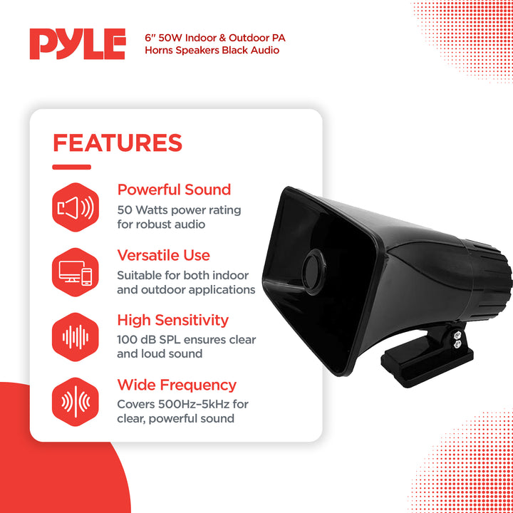 Pyle 6" Portable PA Horn Speaker for Indoor/Outdoor Use, 50W Peak Power, Black - VMInnovations