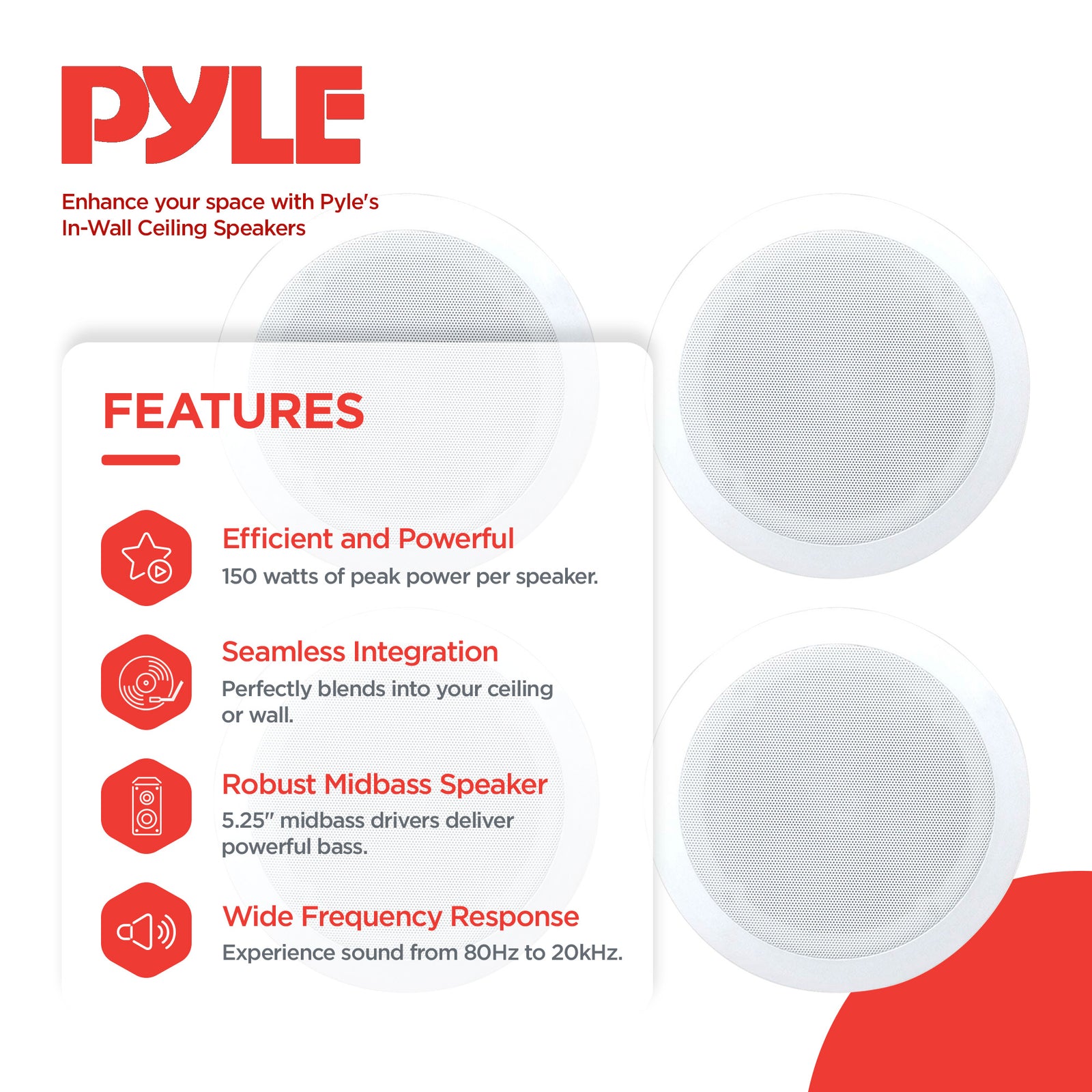 4) Pyle PDIC51RD 5.25 Inch 150W Round White In-Ceiling Wall Flush Speakers Four - VMInnovations